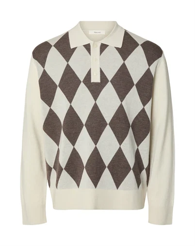 Selected - SLMTray Merino Argyle Polo - Silver Birch/Delicioso